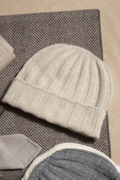 Pini Parma Beige Cashmere Rib Knit Beanie - Made In Italy Discount