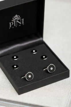 Pini Parma Black Cufflinks And Dress Studs Set With Swarovski Detail - Made In Italy Fashion