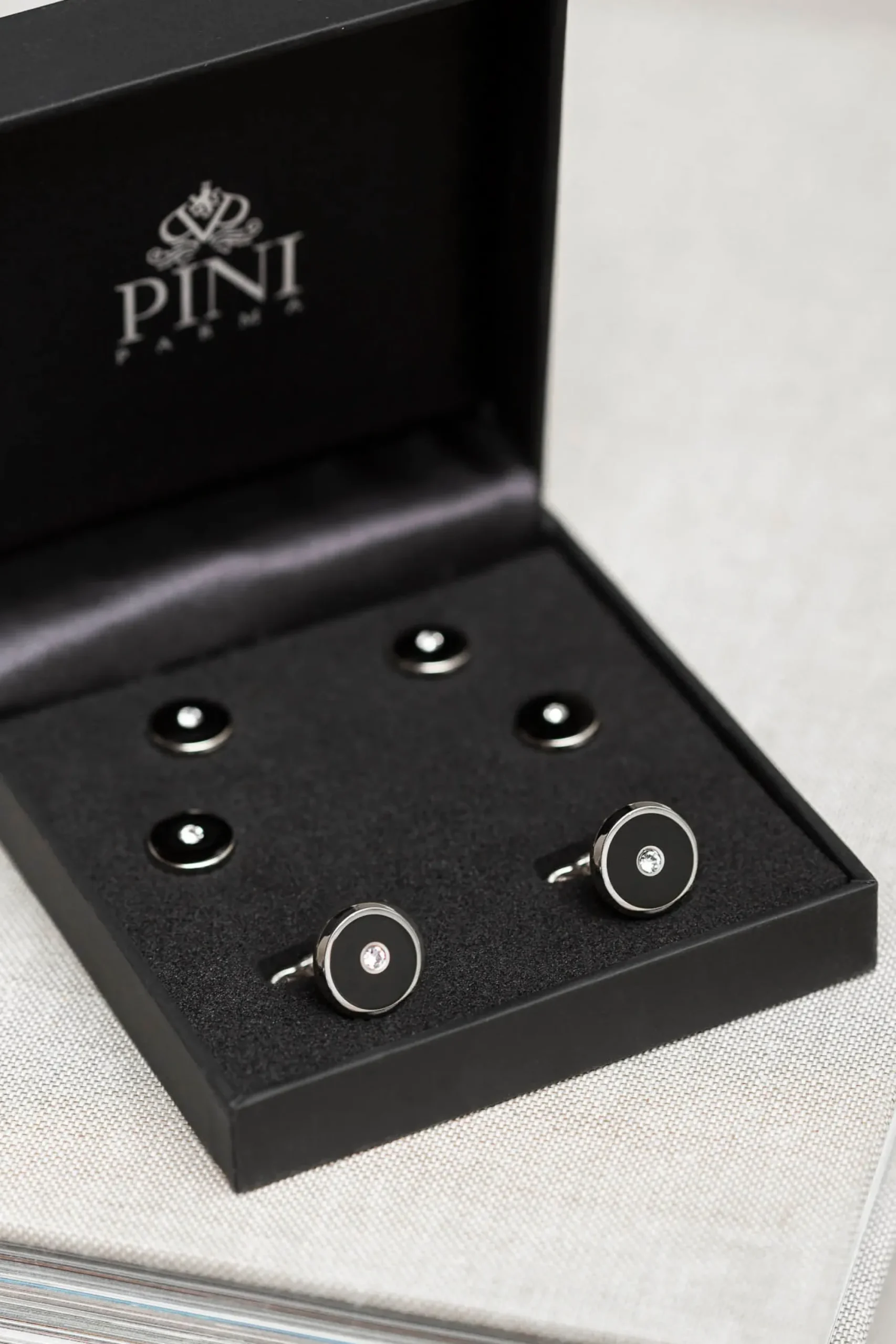 Pini Parma Black Cufflinks And Dress Studs Set With Swarovski Detail - Made In Italy Fashion