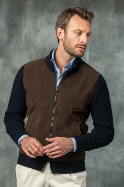 Pini Parma Blue And Brown Cardigan - Alcantara & Wool - Made In Italy New
