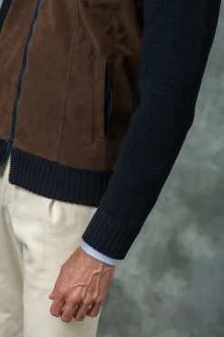 Pini Parma Blue And Brown Cardigan - Alcantara & Wool - Made In Italy New