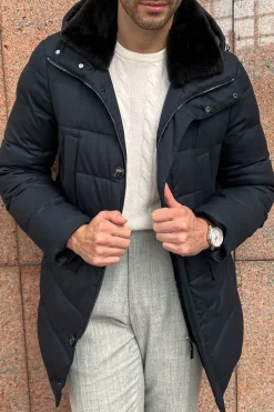 Pini Parma Blue Down Coat With Removable Shearling Collar – Made In Italy Clearance