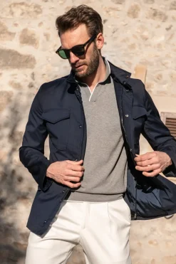 Pini Parma Blue Field Jacket In Loro Piana Green Storm System® Wool - Made In Italy Online