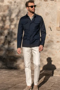 Pini Parma Blue Field Jacket In Loro Piana Green Storm System® Wool - Made In Italy Online