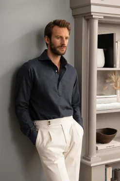 Pini Parma Blue Popover Shirt - Flannel Touch - Made In Italy Discount