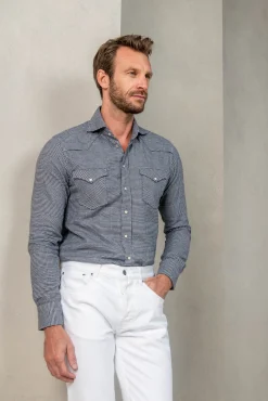 Pini Parma Blue Prince Of Wales Western Shirt - Made In Italy Flash Sale