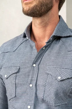Pini Parma Blue Prince Of Wales Western Shirt - Made In Italy Flash Sale