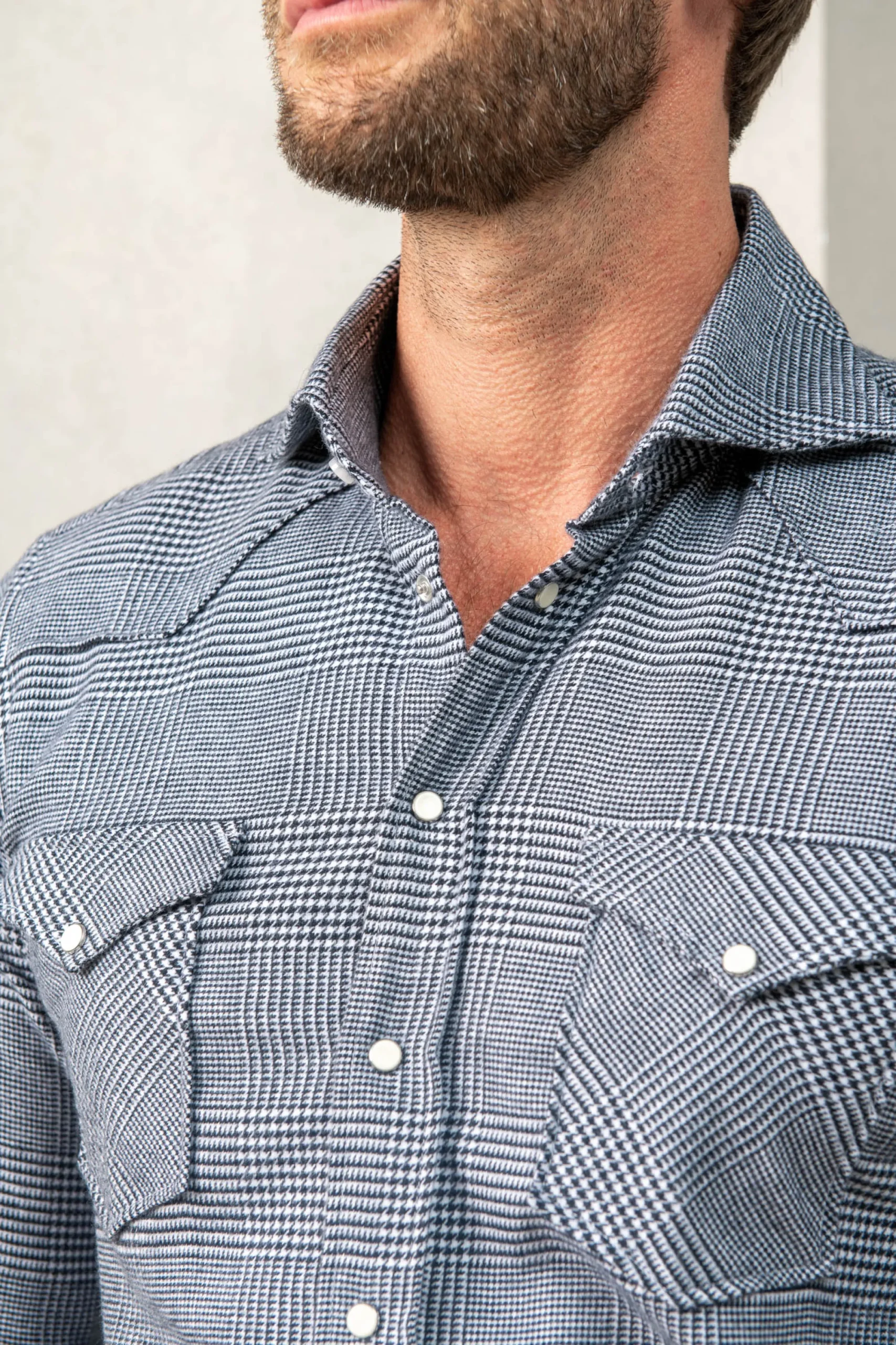 Pini Parma Blue Prince Of Wales Western Shirt - Made In Italy Flash Sale