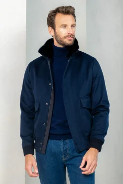 Pini Parma Blue Short Coat With Removable Shearling Collar – Made In Italy Shop