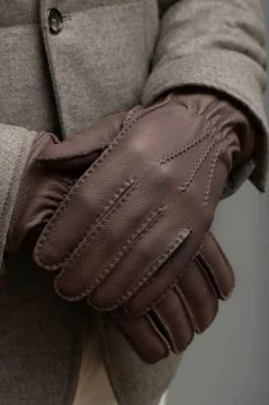 Pini Parma Brown Cashmere Lined Deerskin Leather Gloves - Made In Italy Discount
