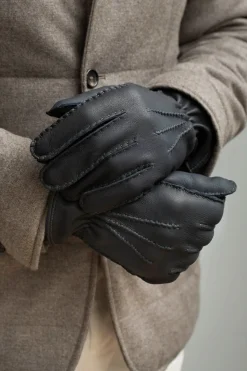 Pini Parma Dark Blue Cashmere Lined Deerskin Leather Gloves - Made In Italy Best Sale
