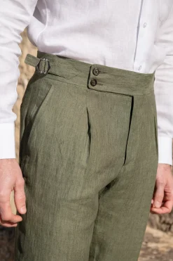 Pini Parma Green Linen Trousers "Soragna Capsule Collection" - Made In Italy Cheap