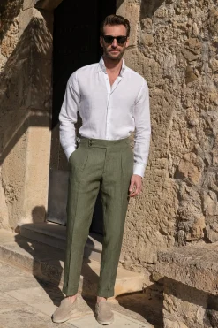 Pini Parma Green Linen Trousers "Soragna Capsule Collection" - Made In Italy Cheap