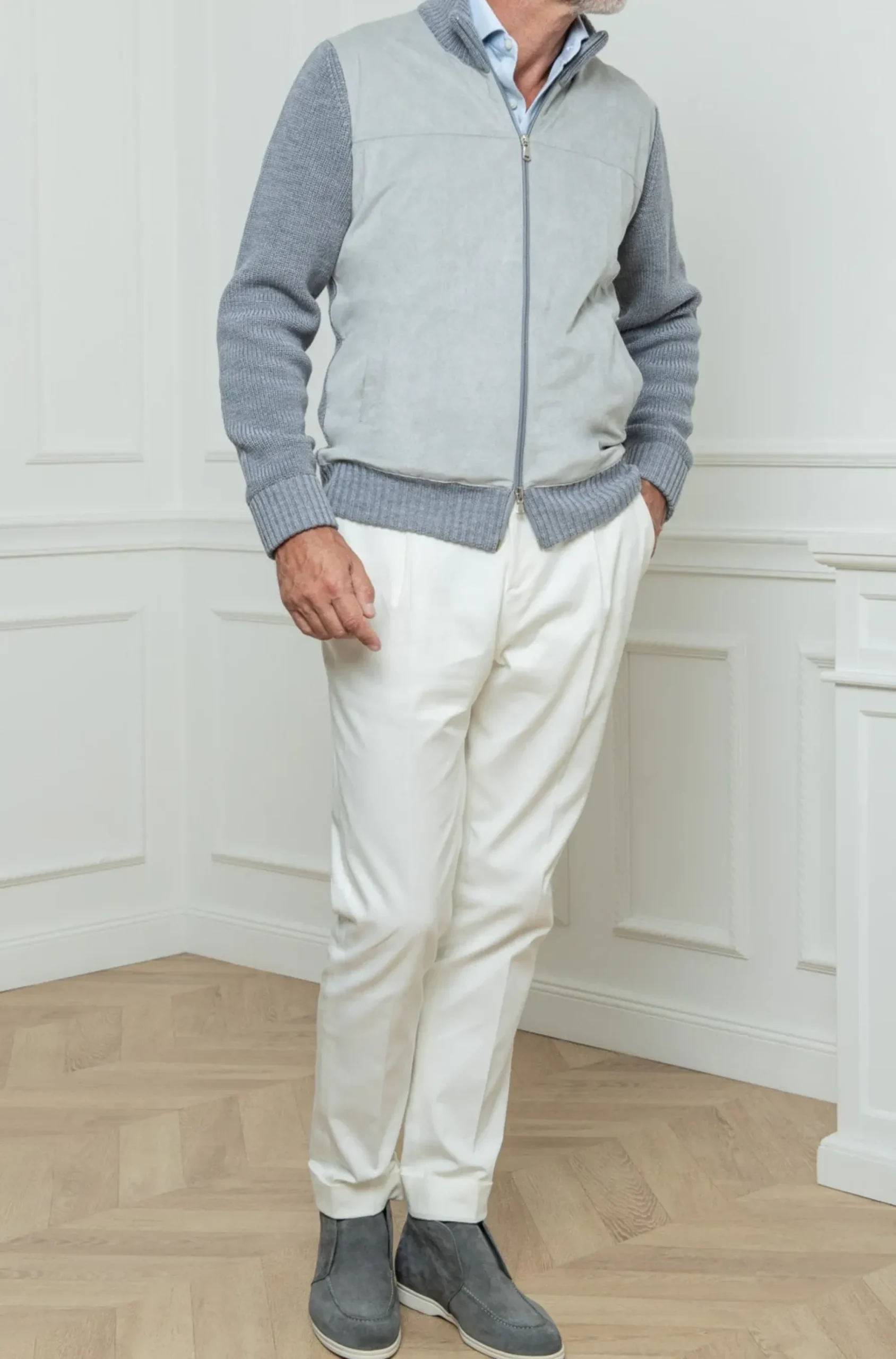 Pini Parma Grey And Light Grey Cardigan - Alcantara & Wool - Made In Italy Hot