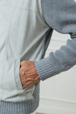 Pini Parma Grey And Light Grey Cardigan - Alcantara & Wool - Made In Italy Hot