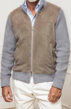 Pini Parma Grey And Taupe Cardigan - Alcantara & Wool - Made In Italy Cheap
