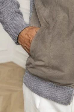 Pini Parma Grey And Taupe Cardigan - Alcantara & Wool - Made In Italy Cheap