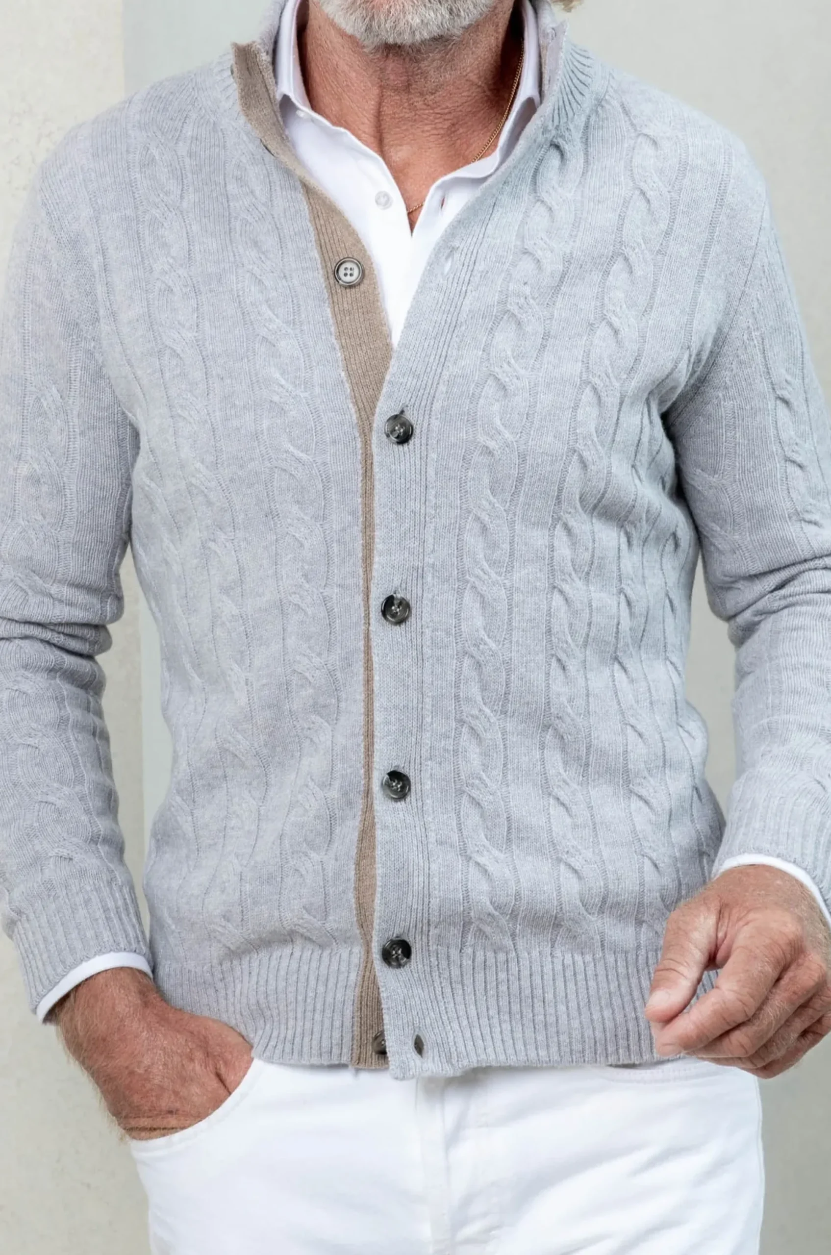 Pini Parma Light Grey Cable Knit Cashmere Blend Cardigan – Made In Italy Best Sale