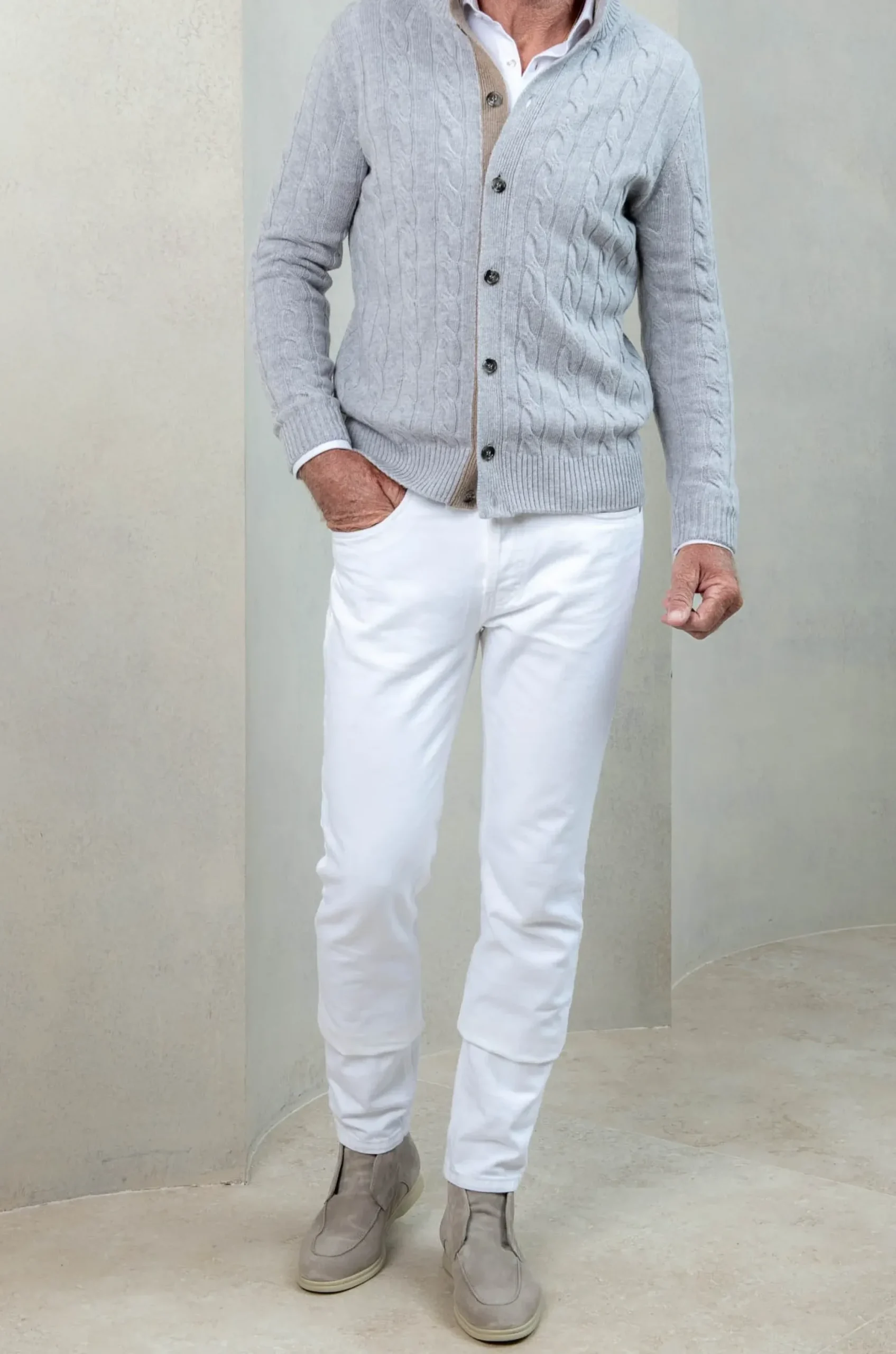 Pini Parma Light Grey Cable Knit Cashmere Blend Cardigan – Made In Italy Best Sale
