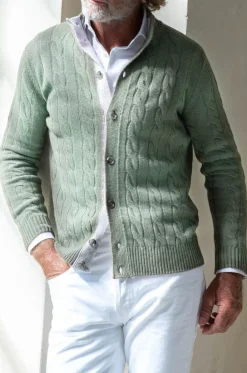 Pini Parma Sage Cable Knit Cashmere Blend Cardigan – Made In Italy Best Sale