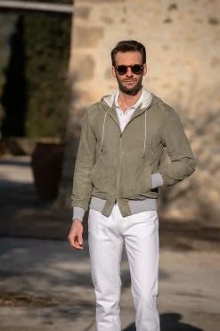 Pini Parma Sage Suede Hooded Bomber Jacket – Made In Italy Cheap