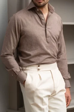 Pini Parma Taupe Popover Shirt - Flannel Touch - Made In Italy Sale