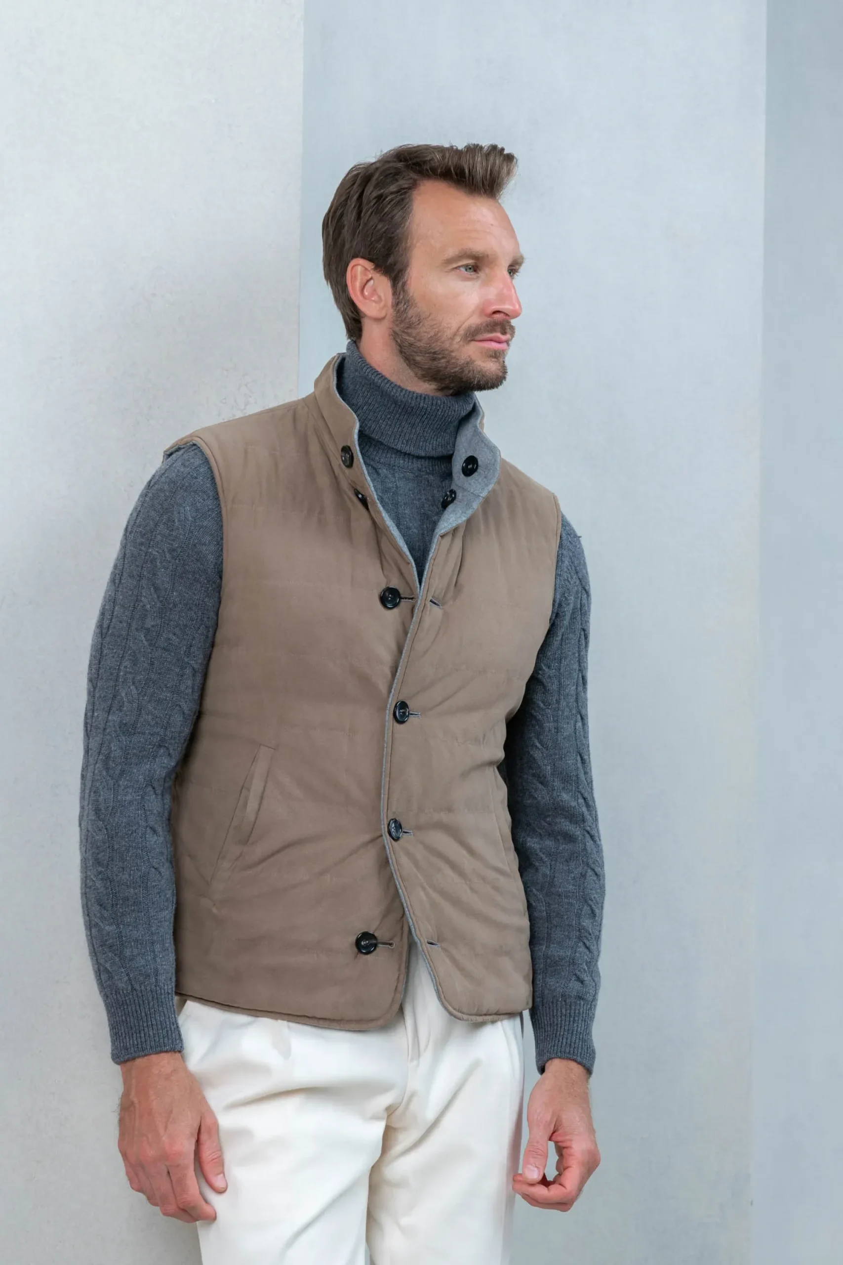 Pini Parma Taupe Reversible Vest In Loro Piana Wool With Rain System®– Made In Italy Clearance