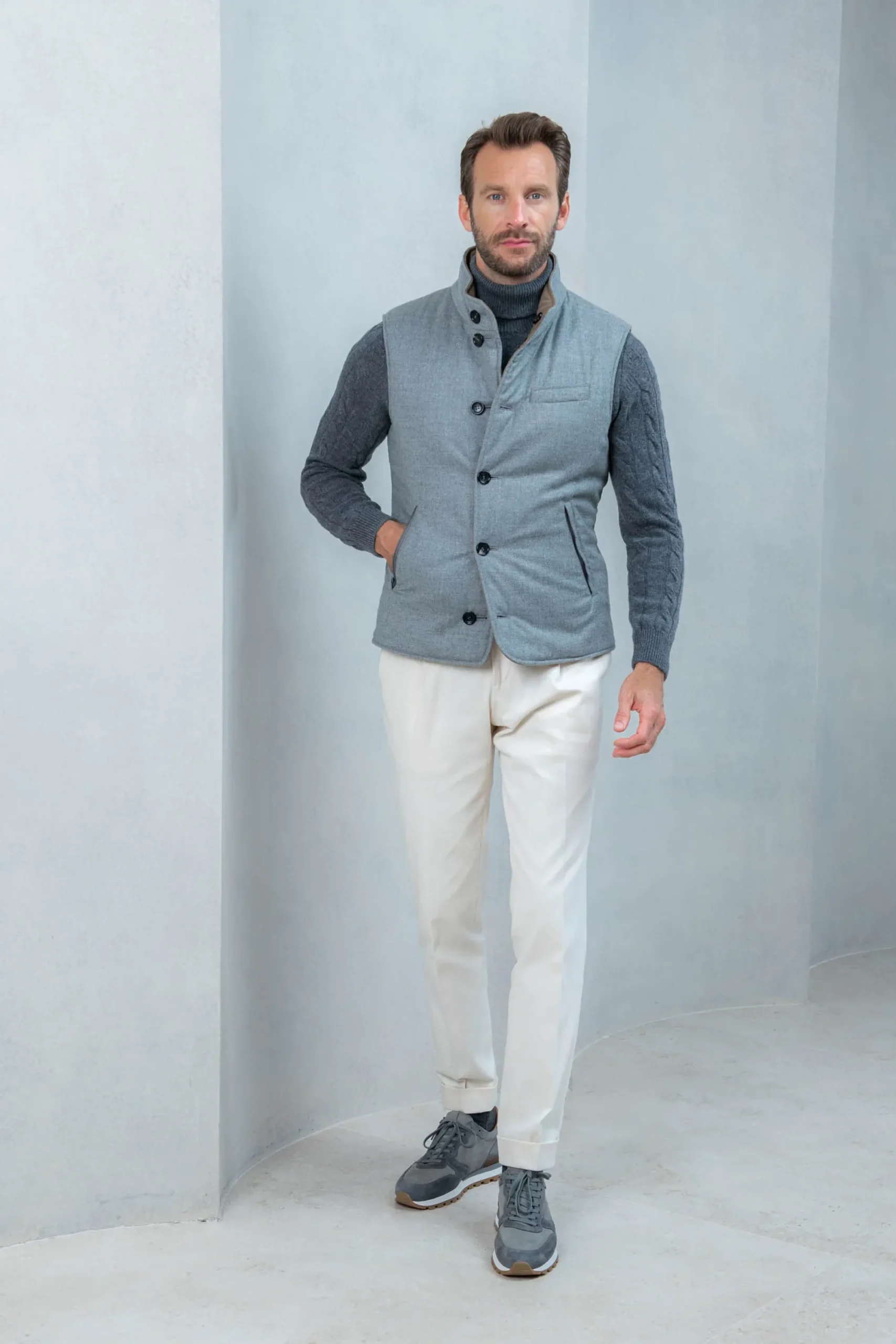 Pini Parma Taupe Reversible Vest In Loro Piana Wool With Rain System®– Made In Italy Clearance