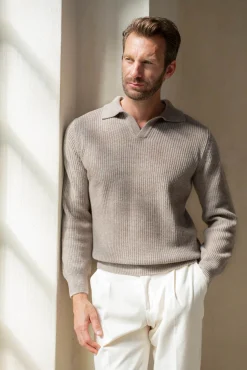 Pini Parma Taupe Ribbed Cashmere Blend Polo – Made In Italy Cheap