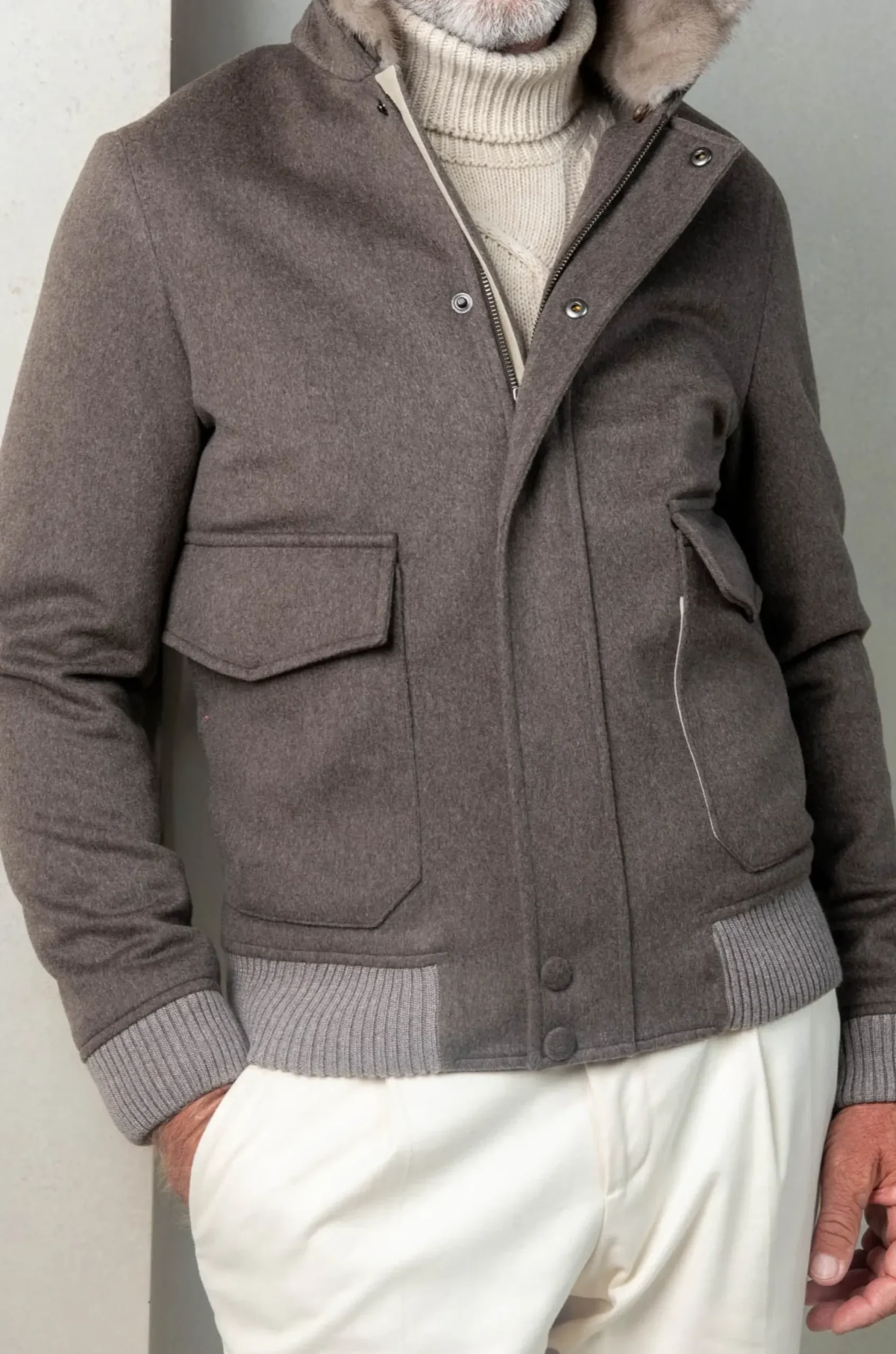 Pini Parma Taupe Short Coat With Removable Shearling Collar – Made In Italy Clearance