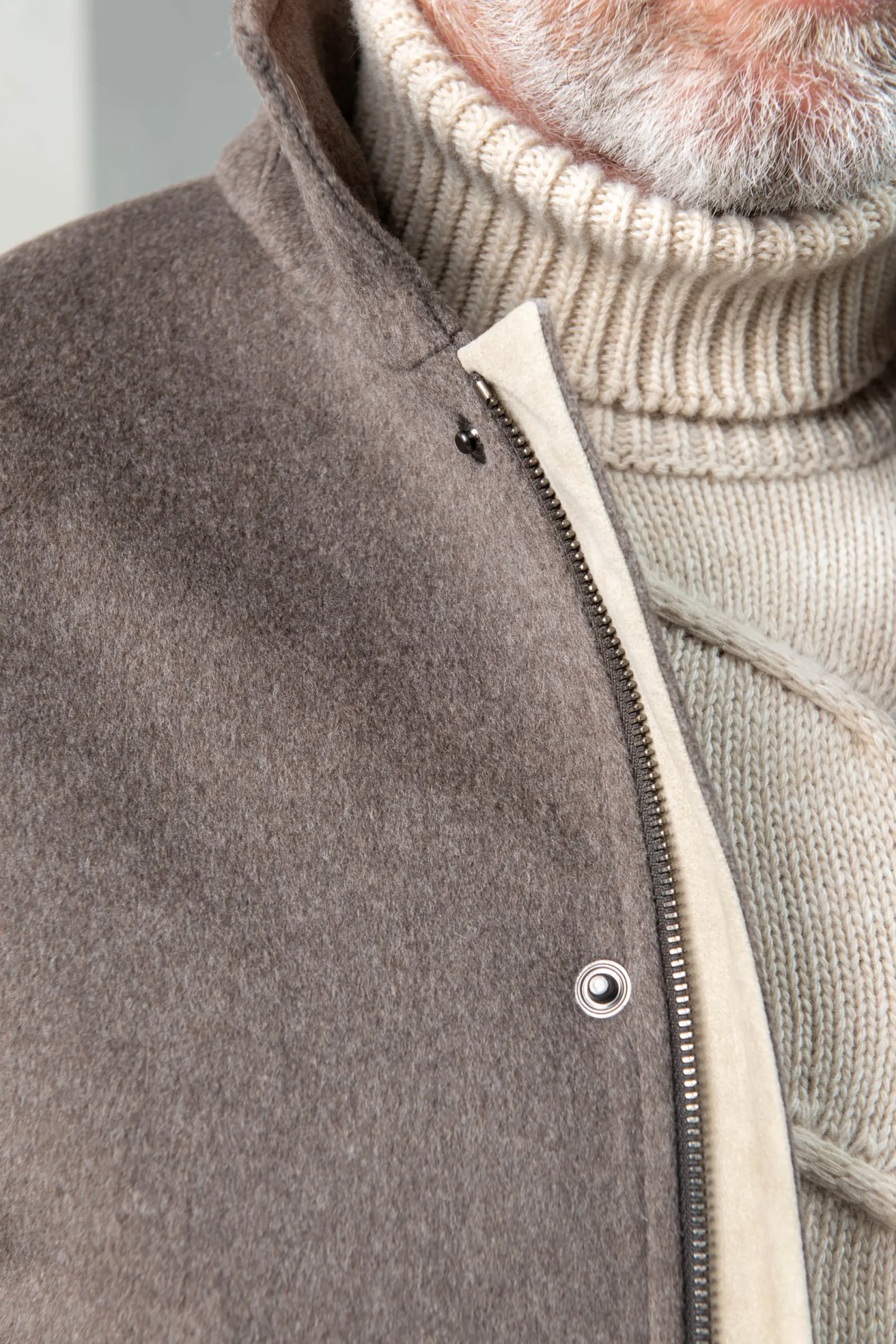 Pini Parma Taupe Short Coat With Removable Shearling Collar – Made In Italy Clearance