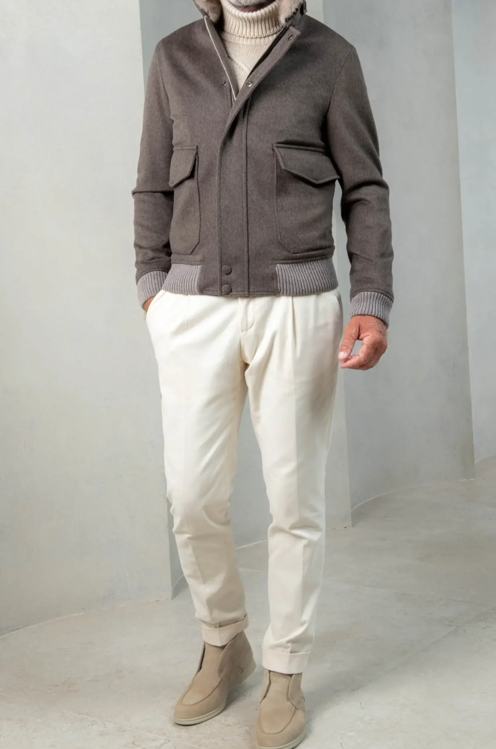 Pini Parma Taupe Short Coat With Removable Shearling Collar – Made In Italy Clearance