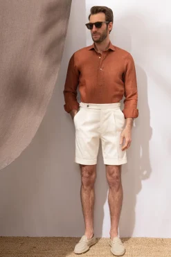 Pini Parma Terracotta Linen Popover Shirt - Made In Italy Store