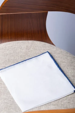 Pini Parma White Linen Pocket Square With Blue And Light Blue Edges - Made In Italy Online